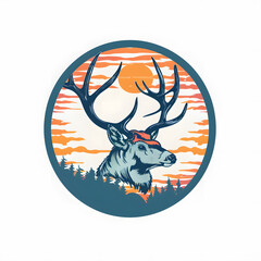 An illustration of a deer with antlers in a circle, with a sunset background. This logo design features a terrestrial animal, fawn, horn, and art painting style
