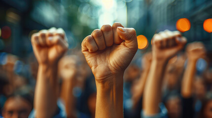 Close-up shots of raised fists as a symbol of unity and solidarity among workers
a diverse group of workers