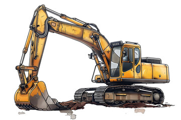 Drawing of a heavy-duty construction excavator, side view, isolated on white