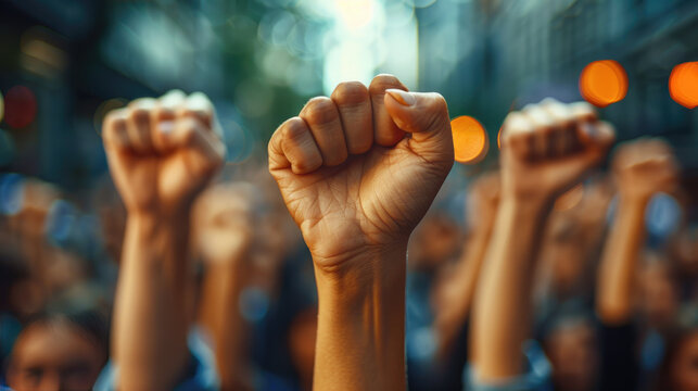 Close-up shots of raised fists as a symbol of unity and solidarity among workers
a diverse group of workers