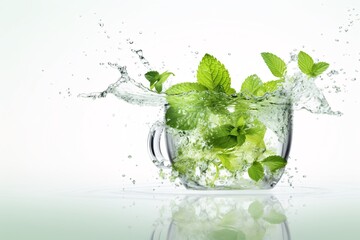 a glass cup with water splashing and leaves
