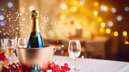 The Festive Elegance of a Chilled Sparkling Wine Bottle in a Kitchen's Ice Bucket