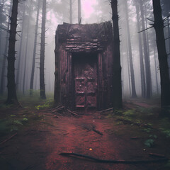 Fototapeta na wymiar Mystical door in the middle of a foggy forest
