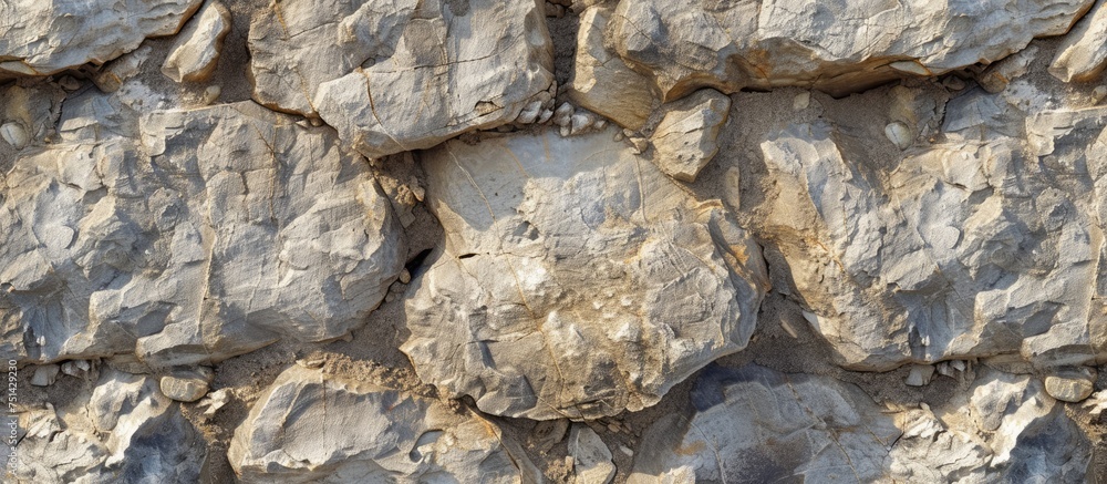 Poster this image shows a detailed close-up view of a stone wall constructed entirely of rocks. the rocks v