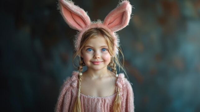 Young girl wearing bunny ears. isolated on dark studio background. Room for copy space. Happy easter.