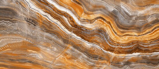 This close-up view showcases a brown and white marble exhibiting its unique natural patterns and colors. The intricate details and contrasting shades of the marble are highlighted in this shot. - obrazy, fototapety, plakaty