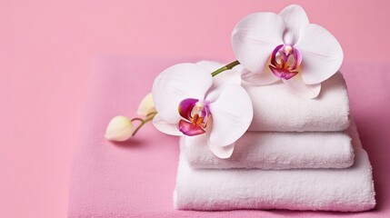 Fototapeta na wymiar A Beautiful Orchid Resting on Spa Towels with a Pink Background