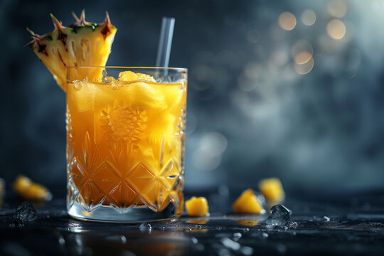 A glass of a drink with a pineapple on top. Cocktail is yellow and has ice in it. Yellow Pineapple cocktail in a glass, with a small pice of pineapple on top, beautiful studio light, dark background