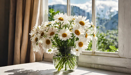 Bouquet of daisy flowers near window