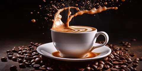 Schilderijen op glas Splash of cappucino coffee on cup and beans © Coosh448
