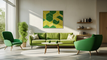 Bright and Airy Living Space with Green Couch and Modern Geometric Wall Art