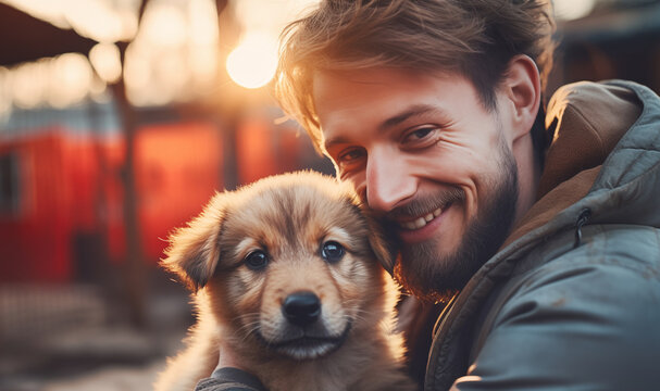 Cheerfully smiling new owner while he adopts Lonely helpless homeless puppy mongrel dog abandoned in animal shelter. Help to pets and adoption animals, friendship and human kindness concept image.