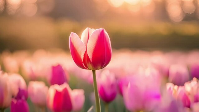Pink tulips among the tulip fields with a gentle breeze