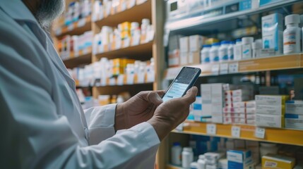 Pharmacist scanning barcode of medicine box through smart phone at pharmacy store