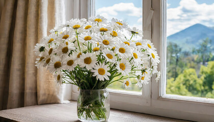 Bouquet of daisy flowers near window