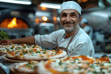 Master pizza chef making Italian food in a stone oven. Concept: food, cooking.
