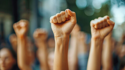 Close-up shots of raised fists as a symbol of unity and solidarity among workers
a diverse group of workers