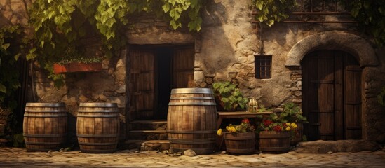 Fototapeta na wymiar A painting depicting a weathered brick building in an old village with oak barrels arranged in front. The barrels appear to be filled with aged wine, exuding a sense of history and tradition.