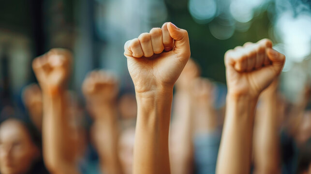 Close-up shots of raised fists as a symbol of unity and solidarity among workers
a diverse group of workers