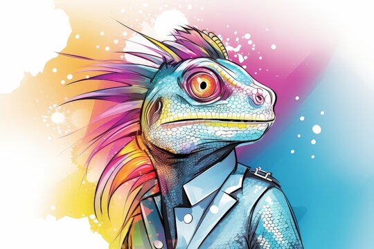 Fashionforward iguana modeling for a trendy magazine medium shot eye level angle retrofuturism rainbow sparks caricature