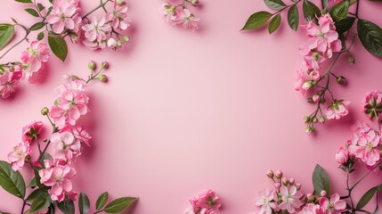 Fototapeta na wymiar pink and flower side border minimalist, empty space in center