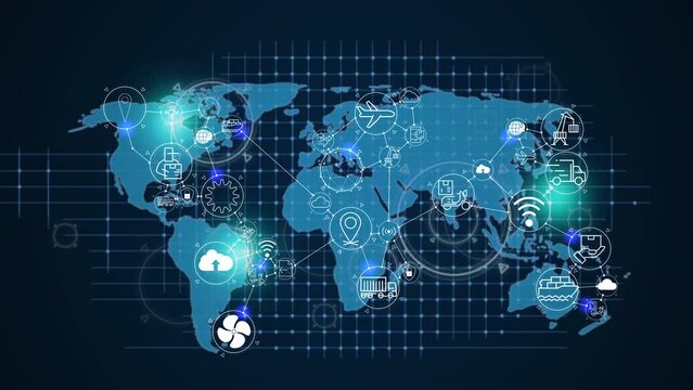 AI technology Map, mapping with Logistics Icons connection line . Tehcnology Global Logistics international delivery concept, World map logistic and supply chain network distribution. 