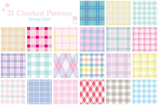 Seamless Checked Pattern Set, Plaid Pattern Collection/21種類のパステルカラーのチェックパターンセット