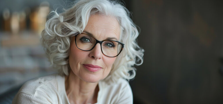A woman with glasses and a white shirt is smiling. She is wearing a pair of gold earrings. 50 year old woman short hair with soft curls platinum blonde with reading glasses jovial look