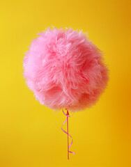 Obraz premium Creative concept of pink fur balloon isolated on yellow background. It`s a girl. Minimal pastel party concept.