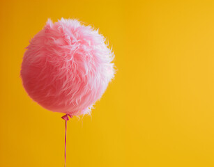 Creative concept of pink fur balloon isolated on yellow background. It`s a girl. Minimal pastel party concept. Copy space.