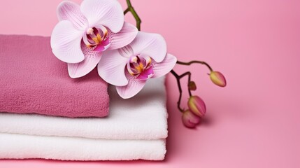 Obraz na płótnie Canvas An Elegant Orchid Atop Spa Towels Against a Pink Backdrop
