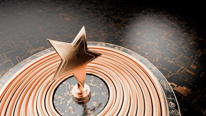 The opening screen for your awards ceremony. The appearance of a prize, an award in the form of a star. Free space on video for text. Camera movement with horizontal rotation towards the golden award.