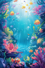 Fototapeta na wymiar Enchanting Undersea Landscape: Vibrant Coral, Diverse Fish, Dreamlike Ocean Beauty, book cover