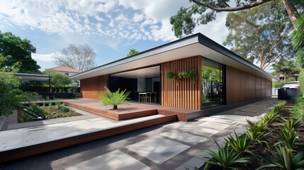 Fototapeta premium Minimalist style architectural design of a flat roof house, ideal for design templates showcasing dream homes, house rental businesses, and property sales