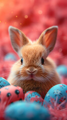 Fototapeta na wymiar Little bunny with Easter eggs on blurred red background, close up.