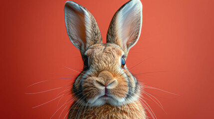 Fototapeta premium Rabbit muzzle on a red background isolated.