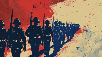 Propaganda Style Design of Soldiers Marching - obrazy, fototapety, plakaty