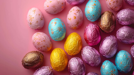 Colorful chocolate Easter eggs on a pink background, top view.