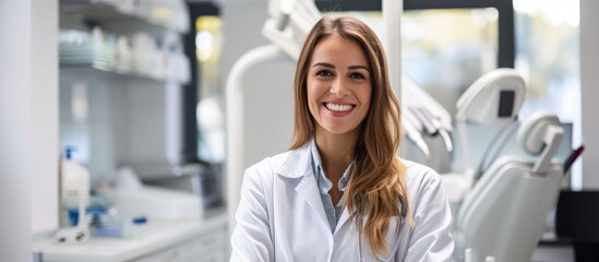 Friendly female scientist in white lab coat smiling at the camera in research laboratory
