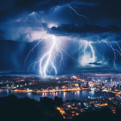 Naklejka na ściany i meble Spectacular view of a lightning storm over a city. 