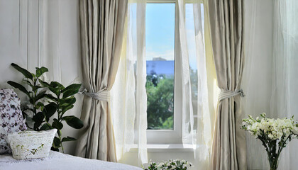 Bright interior, window with curtains, white window sill, room, home