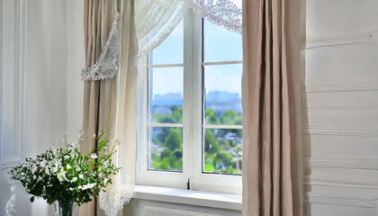 Bright interior, window with curtains, white window sill, room, home