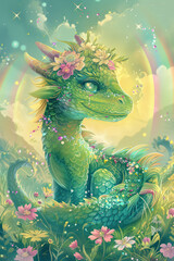 Fantastical Serene Dragon Nestled Among Blooms Under a Rainbow-Kissed Sky, book cover