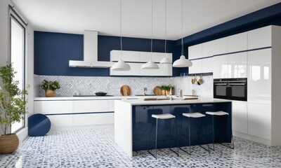 White and blue kitchen interior 
