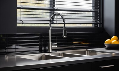 Close-up of modern chrome kitchen faucet, acrylic stone countertop, 