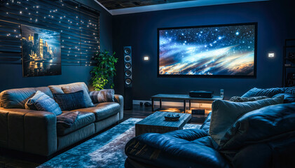 A home theater room with dark blue walls and a large screen showing a starry night sky - obrazy, fototapety, plakaty