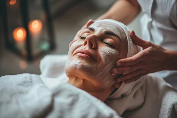 Cercles muraux Salon de beauté A beautiful woman with a mask on her face in a beauty salon. Skin care and treatment, spa, anti-aging. 