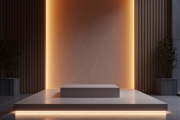 Tranquil podium glow: A minimalist podium, softly bathed in serene lighting, sets the stage for a tranquil and sophisticated ambiance