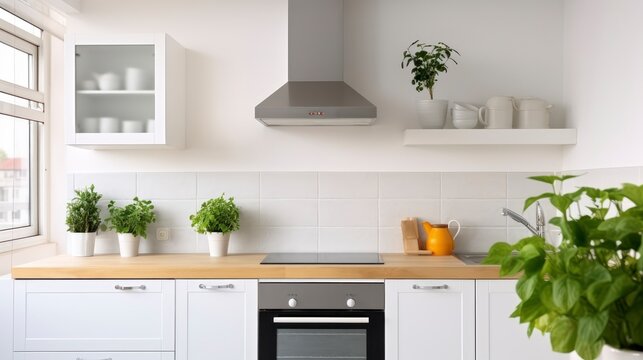 Scandinavian Simplicity - A Minimal White Kitchen Accented with a Silver Cooker Hood and Natural Wood