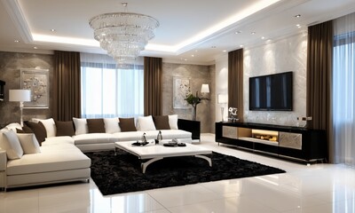 a living room with a large window and a white couch and coffee table 